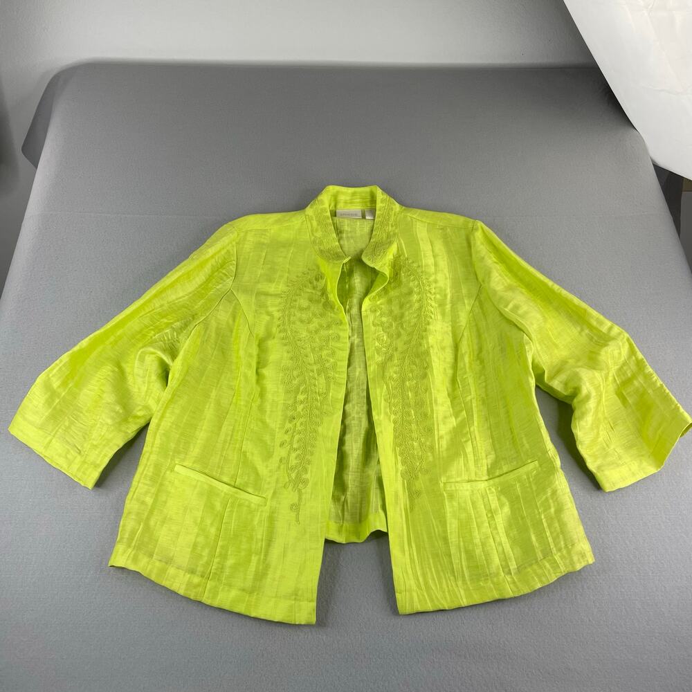 Chico's Lime Green Linen Blend Crinkle Embroidered Open Jacket Women's 3 (XL/16)